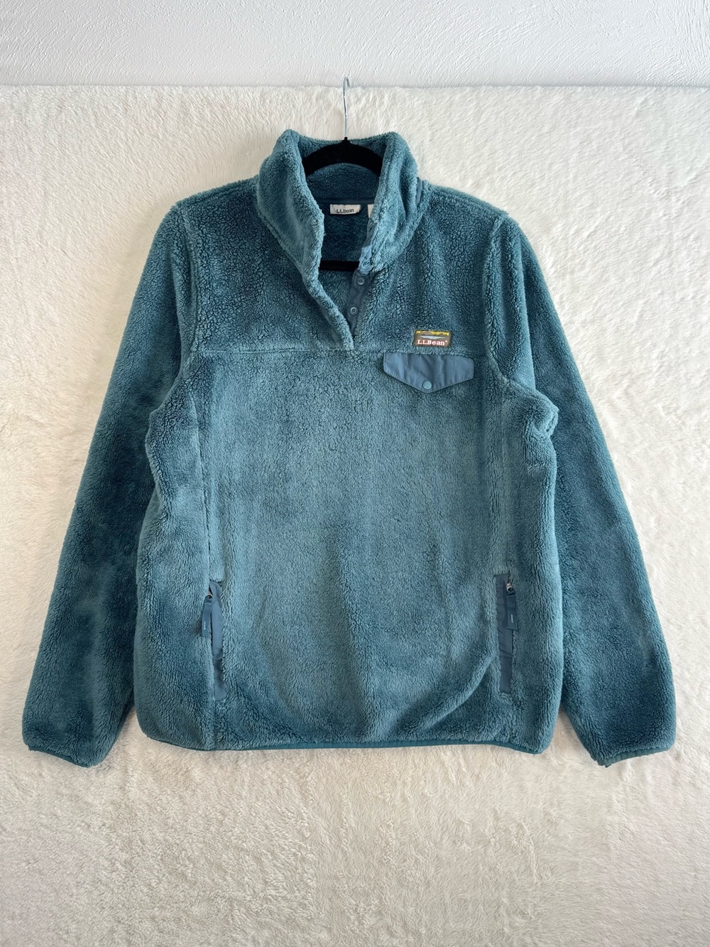 LL Bean Fleece Snap Pullover Women’s Large Blue Green Pockets Cozy Cabin Outdoor